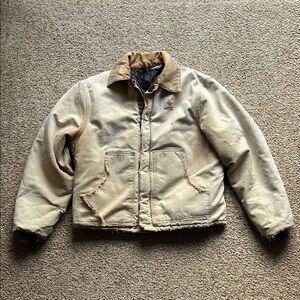 VTG Carhartt Faded Thrashed Destroyed Tan Duck Canvas Chore Work Coat Jacket L